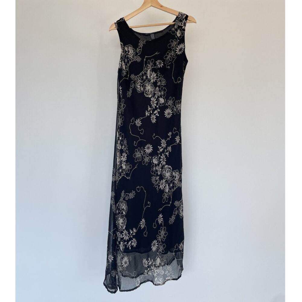 Vtg Y2K Black Floral Sequin Sleeveless Dress Sz 10 Fairycore Goth Asymmetrical